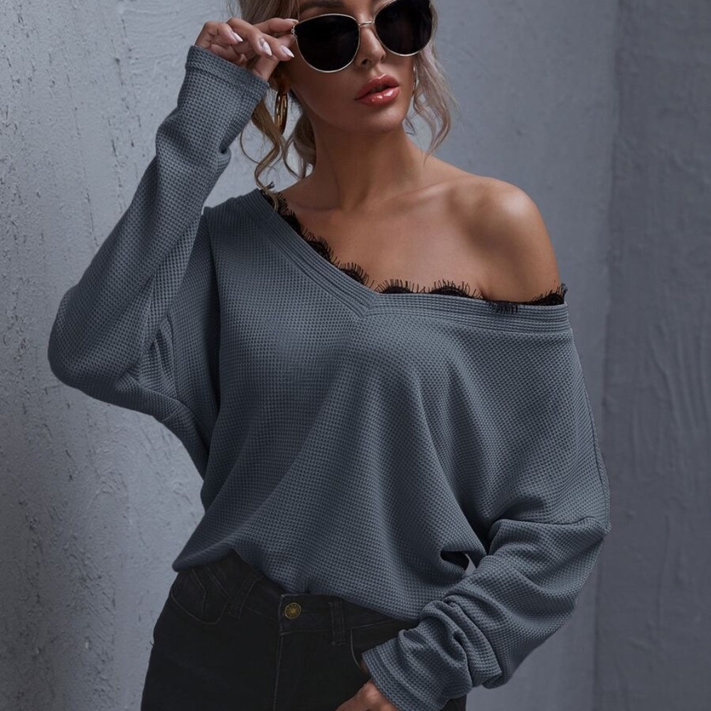 Black eyelash lace detail off shoulder waffle top - Picture 3 of 14
